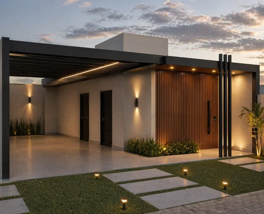 Fachada com garagem coberta por estrutura metálica preta e iluminação